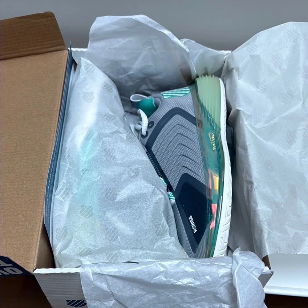 K-Swiss Gray Sneakers with Teal Accents and Iridescent Midsole